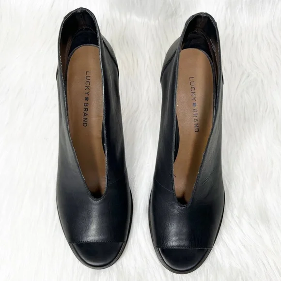 SOLD-Lucky Brand Black Leather Peep Toe Heel Shootie Ankle Boot Pumps - Picture 5 of 11